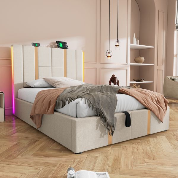 Polsterbett 90x200 cm mit LED, USB- und Typ-C-Ladefunktion, Stauraum, ohne Matratze