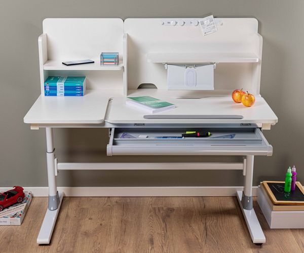 Interlink - Kinderschreibtisch – Mitwachsender Jugendschreibtisch - Ergonomischer Schülerschreibtisch - Höhenverstellbar & neigbar – mit Schublade, Buchstütze & Ablagen – Weiß – Sören