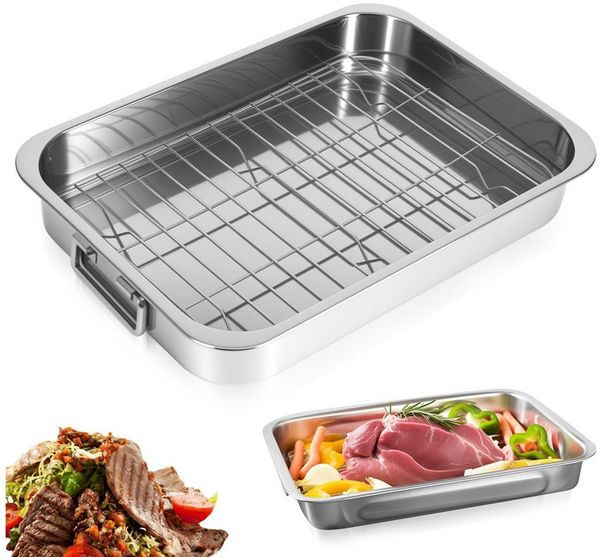 BlingBin Bräter Bratblech mit Gestell, Auflaufformen Ofenfest Edelstahl für Backofen, Edelstahl (1er Set, 1-tlg, Produktabmessungen: 33 × 23 × 5 cm), Backblech Stahlblech mit Griffen für Truthähne, Fleisch, Gemüse