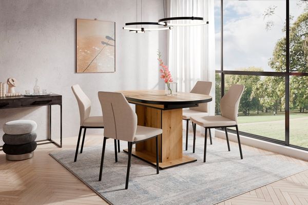 OTTO home Essgruppe Basel, Tischgruppe mit 4 Stühlen, Esstisch ausziehbar 140 - 180 cm, (Set, 5-tlg, Otto's DAUERTIEFPREIS), BESTSELLER, Sitzgruppe, Tisch, Stühle, ovale Tischplatte, Säulentisch