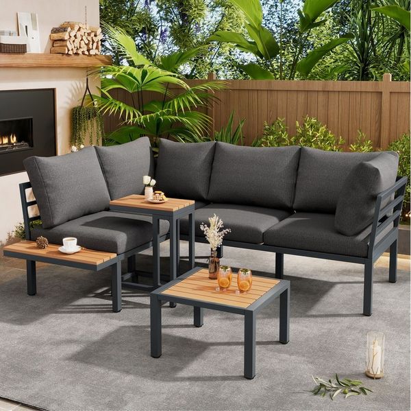 BlingBin Gartenlounge-Set Garten-Lounge-Set, Gartenmöbel Set, Outdoor-Sofa-Set, Balkonset, (Sofa + Beistelltisch + Couchtisch (kann als Fußhocker verwendet werden), verzinktes Stahlrohr, Tischplatte aus Kunststoffholz, 4-tlg, Belastbarkeit: Couchtisch:...