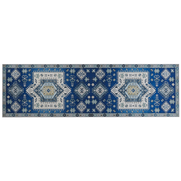 Teppich blau beige orientalisches Muster 60 x 200 cm Kurzflor PARVAKADLI