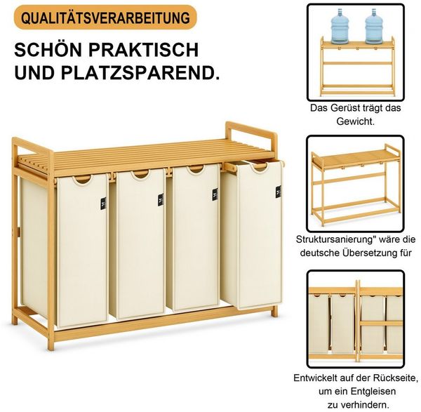 AdelDream Wäschekorb mit Bambusrahmen,200 l, 4 Fächer,Wäschesortierer Bild 3