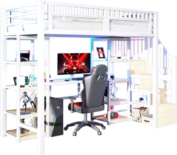 Hochbett 90x200 cm mit Eisenrahmen, Ablagefach, Leiter mit Stauraum, Schreibtisch, LED-Lichtleiste, USB-Anschluss, ohne Matratze, Weiß