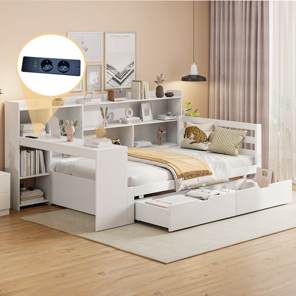 Merax Einzelbett, Kinderbett, Schlafsofa, Holzbett 90*200 cm, Mit Schreibtisch Bücherregal Ablagefächern und Regalen, Mit Steckdose, Mit 2 großen Ablagefächern, Weiß