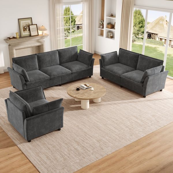 Merax Sofa-Set, modulare Wohnzimmer-Sofakombination, frei kombinierbar, Chenille-Stoff, 3-Sitzer + 2-Sitzer + Sessel, mit Kissen, Grau