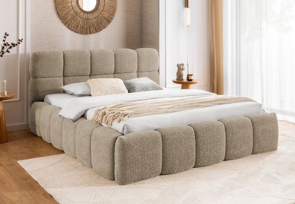Home Collective Polsterbett Doppelbett Bubble Bett Bettgestell mit Stauraum und Lattenrost (Verfügbare Größen: 120x200, 140x200, 160x200, 180x200, 200x200 cm), Bodennahe Optik mit Metall-Lattenrost und Bettkasten Beige