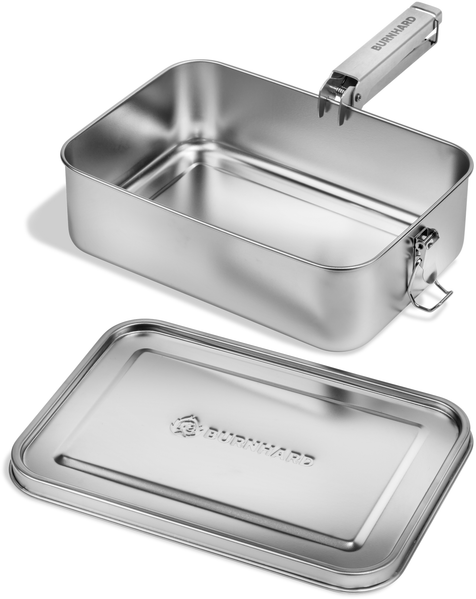BURNHARD® Camping Kochgeschirr Edelstahl, 2,4 l, All-in-One Cooking, multifunktional, 7,7 x 24 x 17 cm – Universal & JONES-Serie, Silber