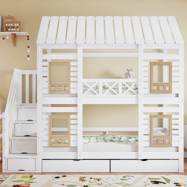 Etagenbett 90x200 cm aus Kiefer, MDF und Sperrholz, mit Fenstern, vierseitigem Rausfallschutz, Treppe mit Stauraum und 2 Schubladen