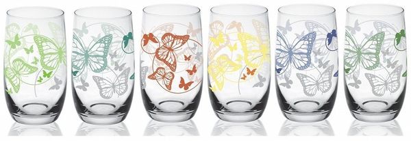 Sendez Longdrinkglas 6 Longdrinkgläser 320ml mit bunten Schmetterlingen Trinkgläser