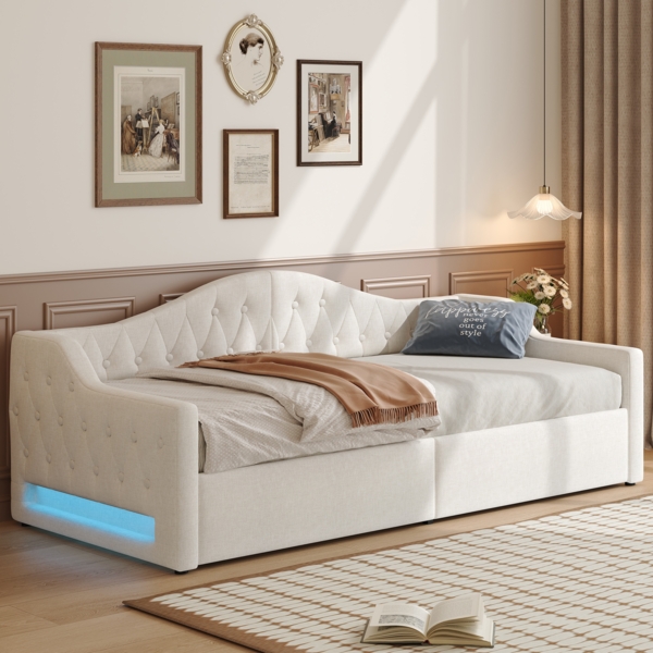 Tagesbett 90x200 cm mit LED-Beleuchtung & Stauraum, ohne Matratze, Leinen Beige