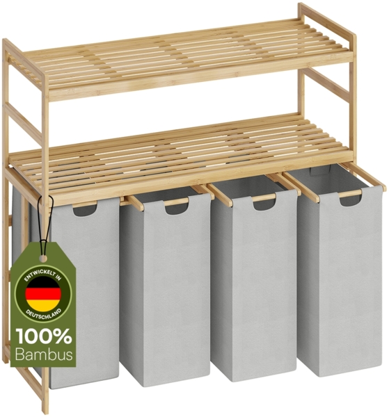 Bellamio 'Newa' Wäschesammler aus Bambus, hellgrau, inkl. 4 Wäschesäcke je 50 Liter aus Oxford-Gewebe, ausziehbar, Wäschekorb mit 2 Ablagen