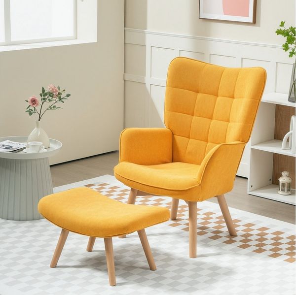 HOMCOM Relaxsessel mit Hocker, Kordoptik, Holzbeine (Ohrensessel, 2-St, Polstersessel), für Wohnzimmer, Orange