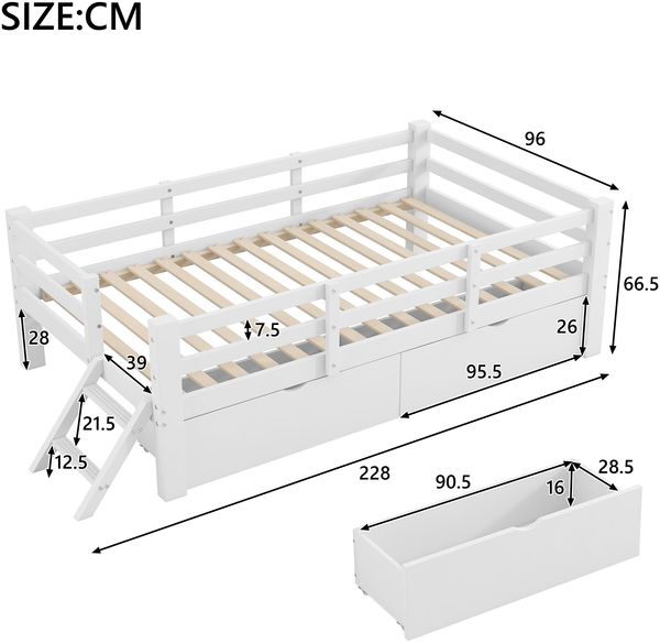 Kinderbett, Kiefernholz & MDF mit Schutzgeländer und 2 Schubladen, 90x200 cm, Weiß, ohne Matratze Bild 3