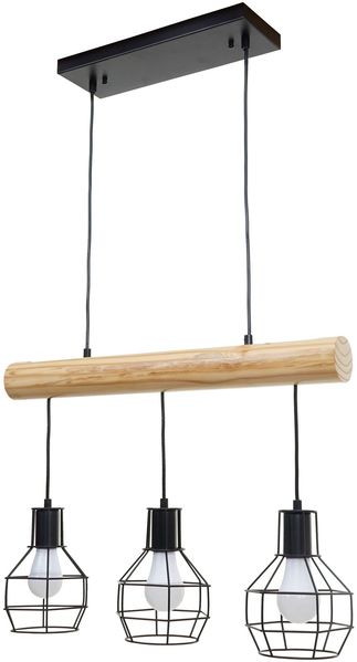 Pendelleuchte HWC-H83, Hängelampe Hängeleuchte, Industrial Vintage Massiv-Holz Metall schwarz ~ 3 Gitterlampenschirme