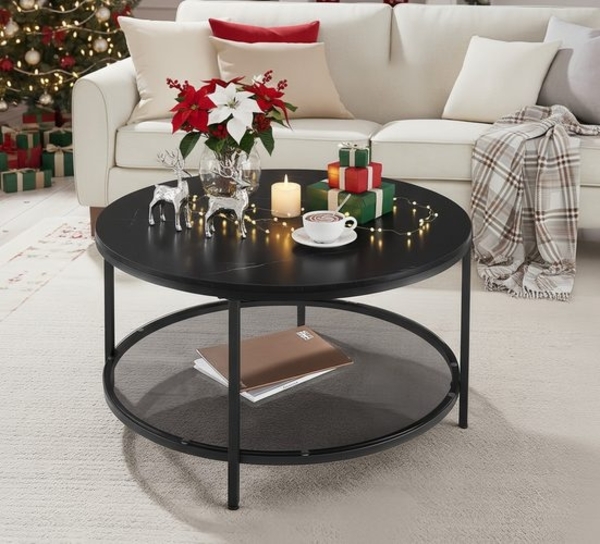 Vasagle Couchtisch mit Glasplatte, Holz / Stahl, Marmorschwarz-Tintenschwarz, Ø 80x46 cm