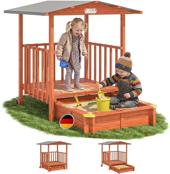 Spielwerk Sandkasten 'Merle' mit Dach und Veranda, Fichtenholz braun, 130 x 225 x 143 cm