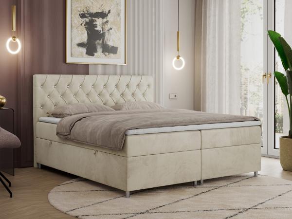 Boxspringbett Doppelbett Polsterbett Kunstlederbett mit Bettkasten - ROMA - 160x200cm - Beige Velours - H4