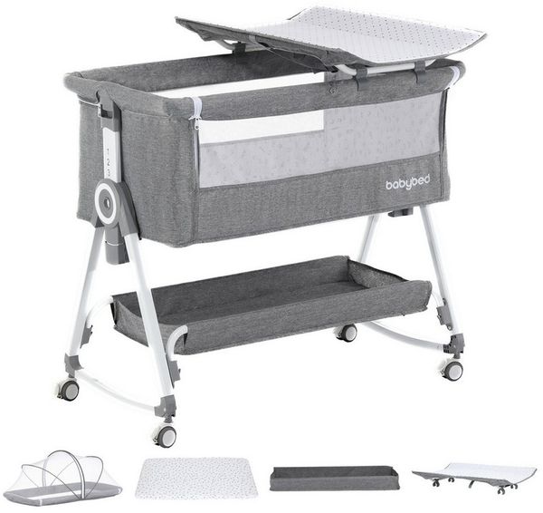 oyajia Beistellbett 3 in 1 Babybett Babywiege für Neugeborene Schaukelbettchen Rädern, 6-stufige Höhenverstellung, mit Rollen, Matratze und Moskitonetz