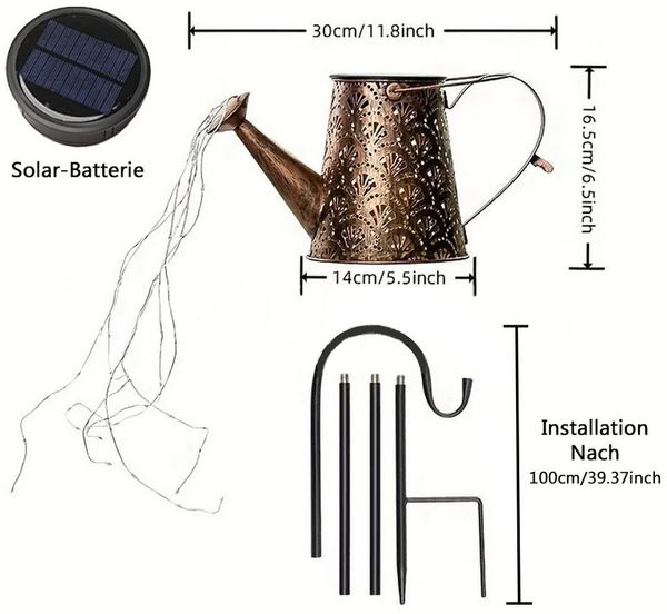 TUWENA LED Solarleuchte Solar Gießkanne Lichterkette, Wasserdicht Gartendeko Gießkannenlicht, Solarlampen mit Schäferhaken für Garten Hofweg Balkon Terrasse Deko