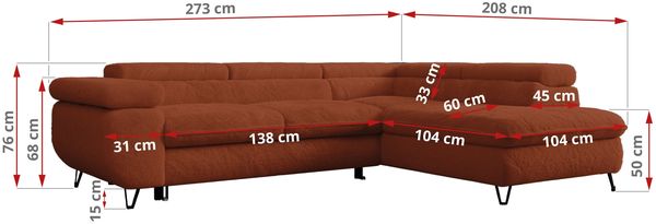 Ecksofa mit Bettfunktion, Modern Sofa, L-form, Einstellbare Kopfstützen, Bettkasten - PETER - Orange Plüsch - links Bild 7