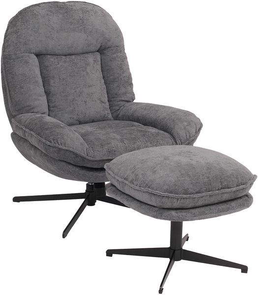 Relaxsessel mit Hocker HWC-P32, Fernsehsessel Nosagfederung, drehbar Metall Stoff/Textil Chenille (370 g/m²) ~ grau