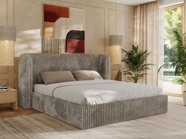 Polsterbett Bett mit Holzlattenrost Schlafzimmer Bett Doppelbett gepolstertes Kopfteil Pocket Matratze - EMORA CLASSIC - 160x200 cm - Hellbraun Cord - VIRE LUX