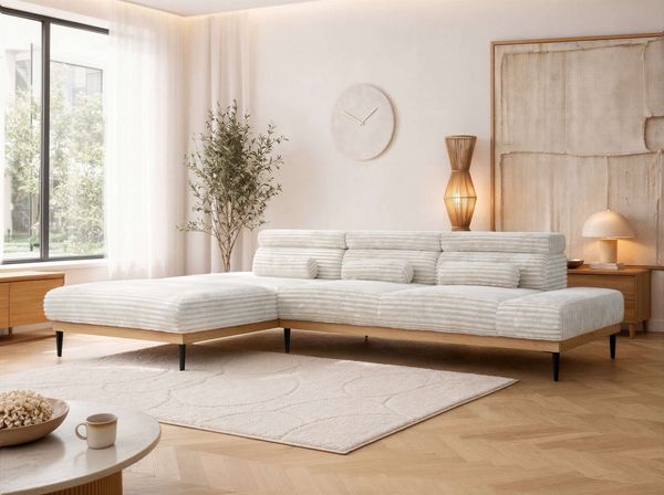 Ecksofa PAVERO L mit Relaxfunktion, elektrisch verstellbare Sitztiefe, Eckcouch L-Form, Wellenfederung, freistehend Ecksofa - Beige Cord - Links Seite