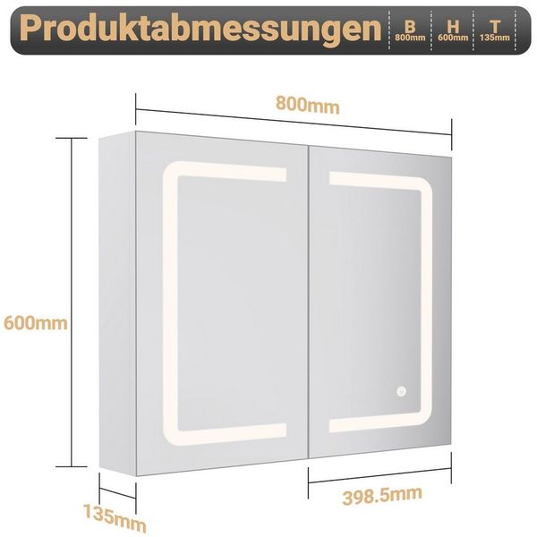Furnishings Home Badezimmerspiegelschrank Badezimmerspiegelschrank Spiegelschrank Hängeschrank (Einstellung der warmen und kalten Farbtemperatur 3000/4500/6400K) inkl. LED-Beleuchtung, Touchschalter, Antibeschlagfunktion Bild 2