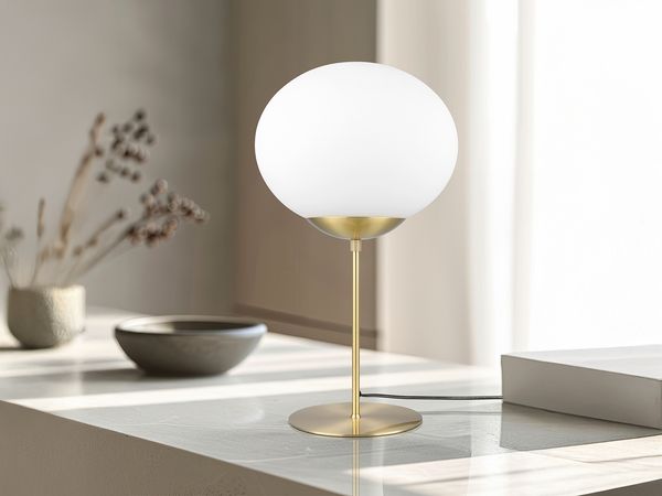 Große Retro LED Tischleuchte Messing mit Glaskugel, Höhe 52cm