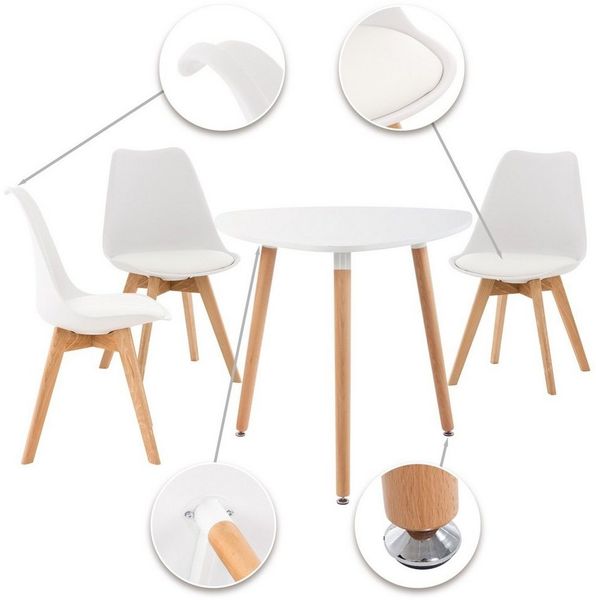 TPFLiving Essgruppe Libon - Sitzgruppe Küche, Esszimmer, Balkon und Terrasse, (Essgruppe - Kleiner Tisch mit 3 Stühlen - Gestell Buchenholz massiv, 4-tlg, Esszimmer Set Holz massiv mit MDF-Tischplatte - Farbe: weiß), Stuhl (BxTxH): 49 x 50 x 83 cm - 1 ...