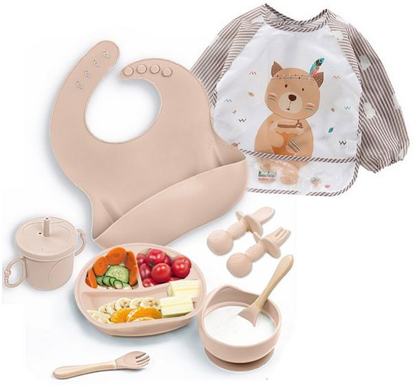AIMAX Kindergeschirr-Set 9er Baby Geschirrset Set Kindergeschirr Babylöffel Trinklernbecher, Silikon Lätzchen Baby Teller Kinderteller mit Saugnapf