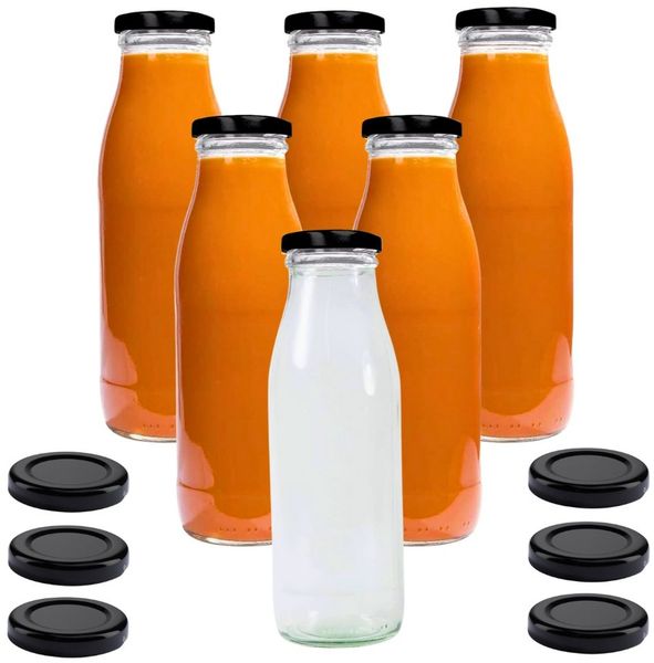 mikken Trinkflasche 6er Set Milchflaschen 500 ml mit Schraubdeckel plus 6 Erssatzdeckel, Fassungsvermögen: 0,5 Liter