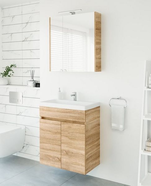 Waschtisch + Spiegelschrank Badmöbel Set 64cm für Badezimmer WC (Sonoma Eiche)
