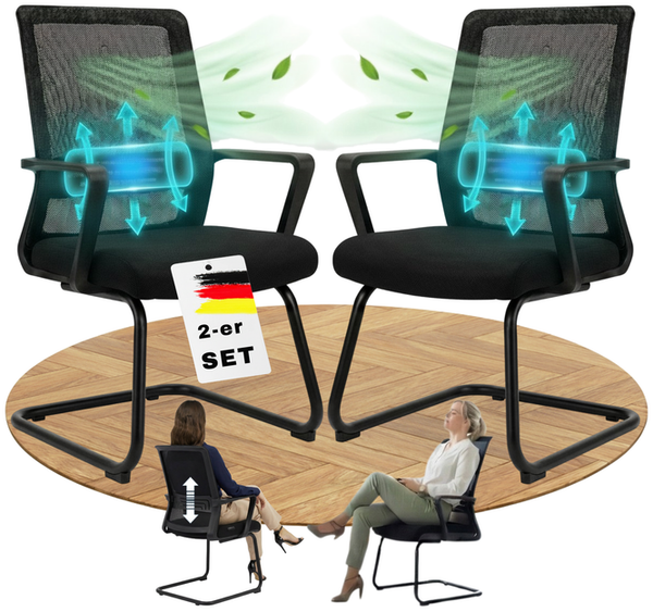 VALKENSTOL K1 - Besucherstuhl Freischwinger Schwarz mit Armlehne - Konferenzstuhl - Bürostuhl ohne Rollen - 2er Pack