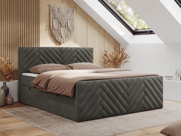 Boxspringbett mit zwei Bettkästen, 7 Härtezonen Multipocket-Matratzen, dekoratives Kopfteil und Front, Doppelbett - PARIS DUO - 180 x 200 cm - Dunkelgrau Velours - H4