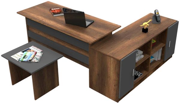 Dmora Büro-Set Harriet, Studio-Komposition, Büroartikel, Schreibtisch und Schubladenset, Walnuss und Anthrazit