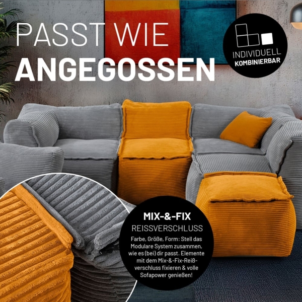 Lumaland Modulares Eckteil rechts - Cord-Reihe | Indoor Sitzsack mit Softer Struktur, ideal Sofa Modulen & zum Pouf | Bean Bag mit Füllung - für Wohnzimmer & Co. - 81 x 81 x 70 cm Bild 6