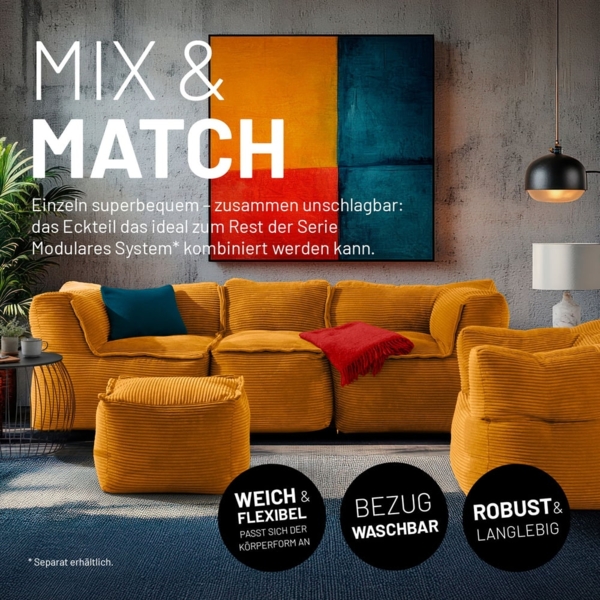 Lumaland Modulares Eckteil rechts - Cord-Reihe | Indoor Sitzsack mit Softer Struktur, ideal Sofa Modulen & zum Pouf | Bean Bag mit Füllung - für Wohnzimmer & Co. - 81 x 81 x 70 cm Bild 3