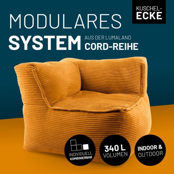 Lumaland Modulares Eckteil rechts - Cord-Reihe | Indoor Sitzsack mit Softer Struktur, ideal Sofa Modulen & zum Pouf | Bean Bag mit Füllung - für Wohnzimmer & Co. - 81 x 81 x 70 cm Bild 2