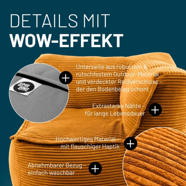 Lumaland Modulares Eckteil rechts - Cord-Reihe | Indoor Sitzsack mit Softer Struktur, ideal Sofa Modulen & zum Pouf | Bean Bag mit Füllung - für Wohnzimmer & Co. - 81 x 81 x 70 cm Bild 5