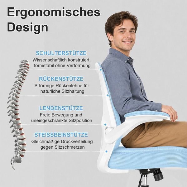 Durrafy Bürostuhl Ergonomischer Bürostuhl,Schreibtischstuhl mit klappbaren Armlehnen (Höhenverstellbarer Drehstuhl mit Wippfunktion bis 130°,Computerstuhl mit verstellbarer Lendenwirbelstütze und leisen Rollen), Chefsessel mit 150 kg Tragfähigkeit