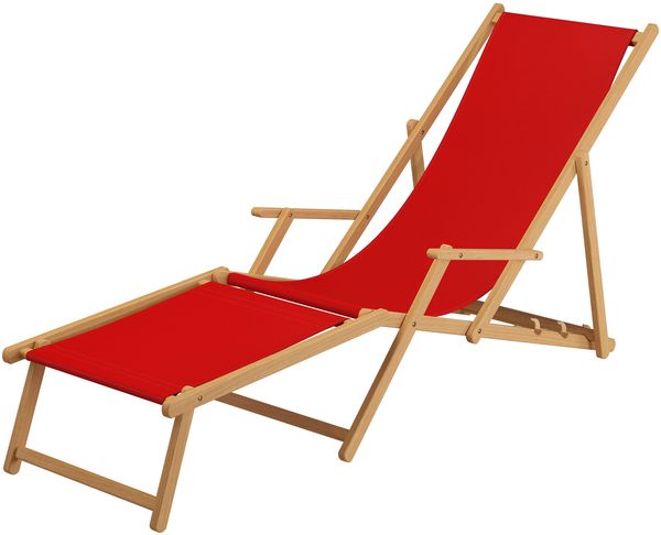Liegestuhl rot Fußablage Kissen Deckchair klappbar Sonnenliege Holz Gartenliege 10-308 N F KH