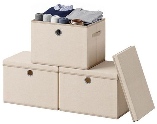 SONGMICS Aufbewahrungsboxen 3er-Set, Ordnungsbox, stapelbar mit Griffen, 43 x 30 x 30 cm, sand