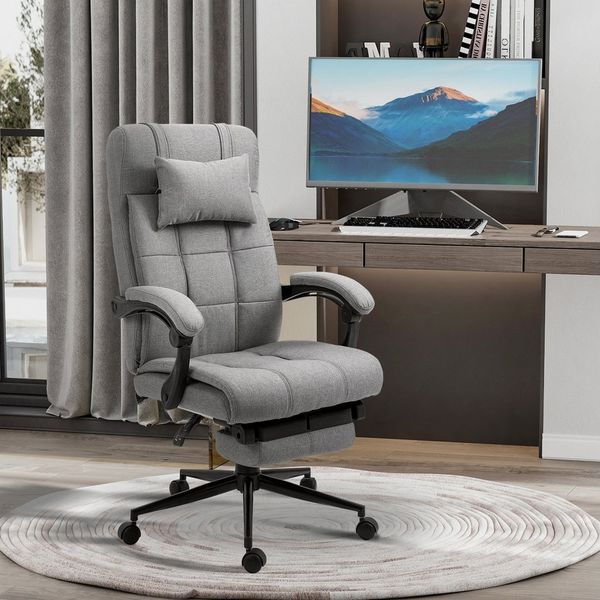 Vinsetto Bürostuhl mit Kopfkissen Armlehne Schreibtischstuhl mit Neigungswinkel Höhenverstellbarer Drehstuhl mit Fußstütze Leinen Schaumstoff PVC Hellgrau 66 x 70 x 116-124 cm