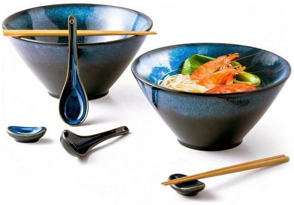 LuxusKollektion Suppenschüssel Ramen Schüssel Set Keramik 2L 2er Essstäbchen Blau 2l-blau