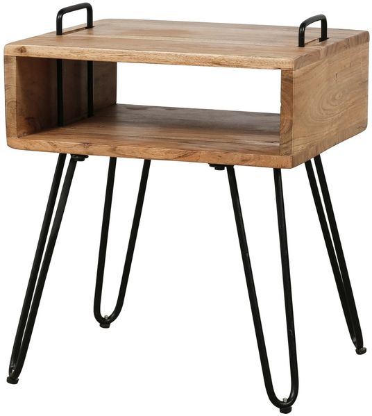 Nachttisch Hatzila Akazienholz massiv, modernes Design mit offenem Fach, natur, Metallgestell