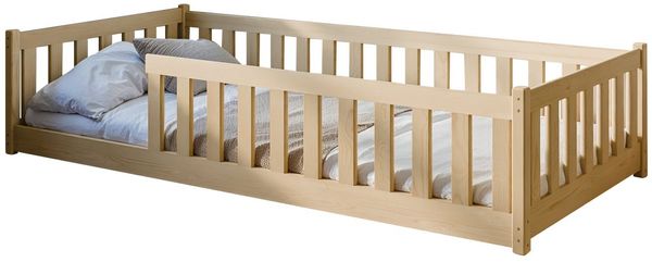 Kids Collective Kinderbett Bodenbett Bett mit Rausfallschutz & Lattenrost Montessori Bett Kinder (Jungen, Mädchen, Kinder, weitere Größen 80x180, 90x190, 90x200, 120x200, 140x200 cm), Jugendbett Gitterbett Einzelbett mit Matratze, Natur 80x160 cm