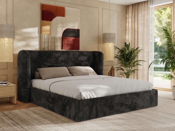 Polsterbett Bett mit Holzlattenrost Schlafzimmer Bett Doppelbett gepolstertes Kopfteil Foam Matratze - EMORA CLASSIC - 160x200 cm - Dunkelgrau Plüsch - MIRO LUX