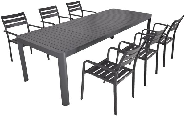Garten-Sitzgruppe ELLA 7-tlg. - Kunststoff, Grau | Gartenmöbel-Set Gartengarnitur Garten-Essgruppe mit Stapelstühlen und Esstisch